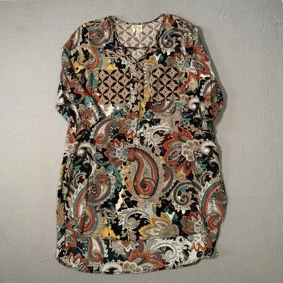 Anthropologie Fig & Flower Floral Paisley Tunic Shirt Sheath 3/4 Sleeves Large - Picture 1 of 10